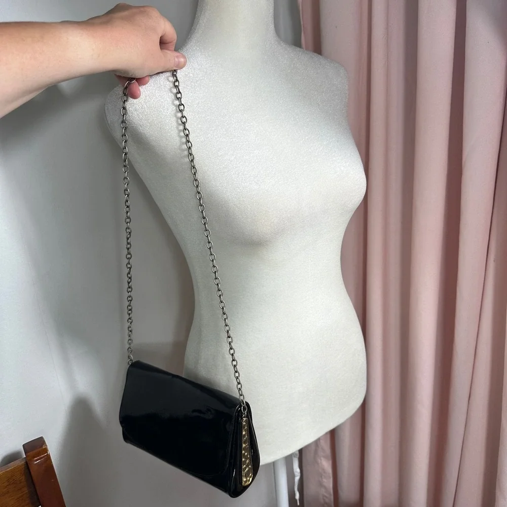 Vintage Evening Bag Womens Small‎ Black Good Patent Chain Strap Clutch